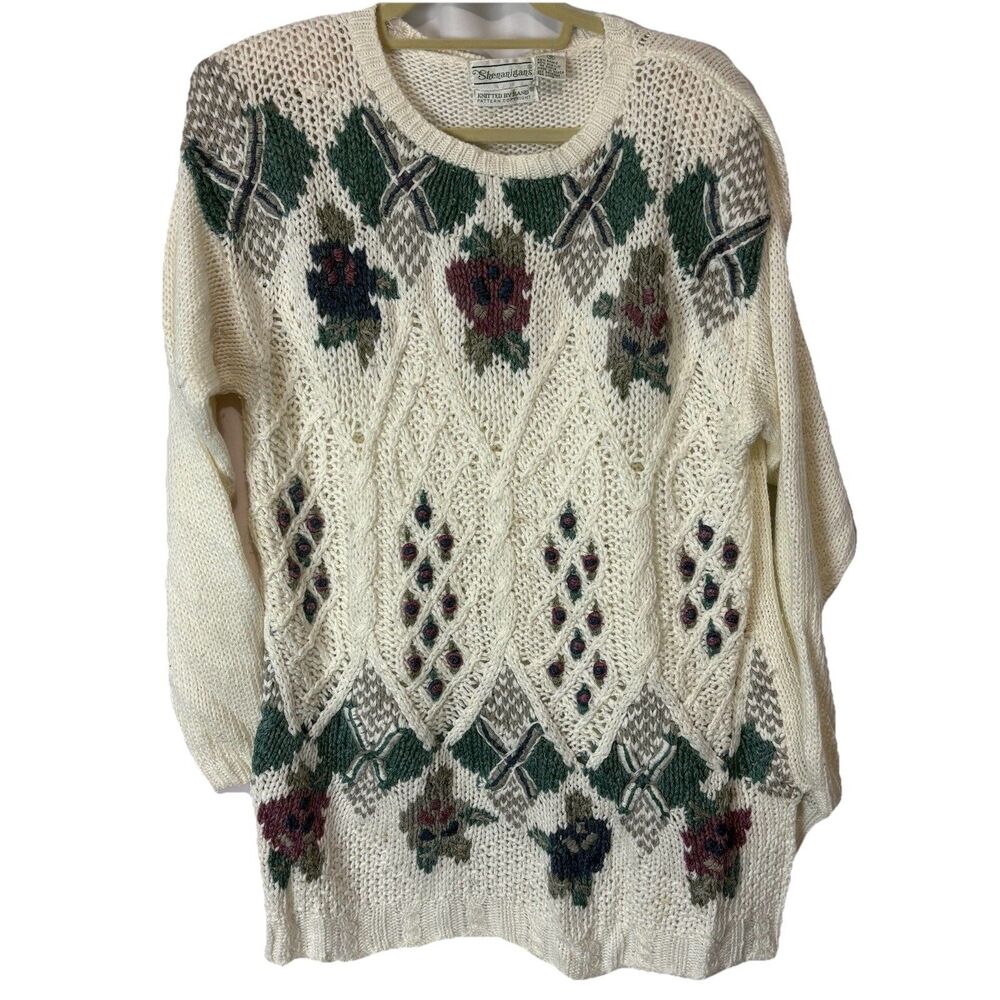 Vintage Shenanigans Women’s Sweater Hand Knit Size S Cream Floral CottageCore